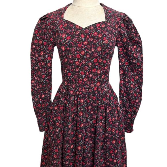 80s Vintage Laura Ashley Corduroy Dress Floral Cottage Preppy Puff Sleeve. - Picture 2 of 13
